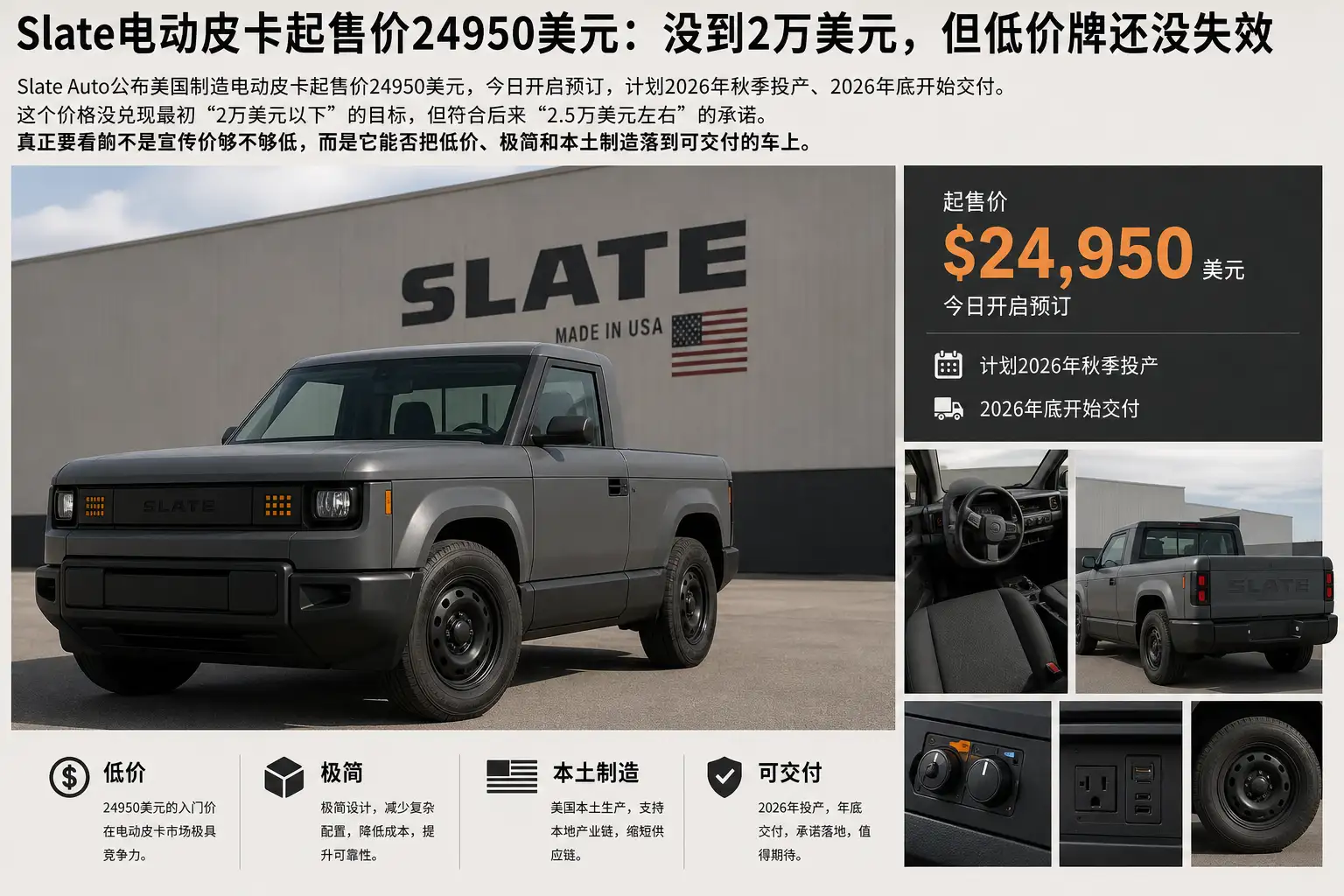 Slate电动皮卡起售价24950美元:没到2万美元,但低价牌还没失效