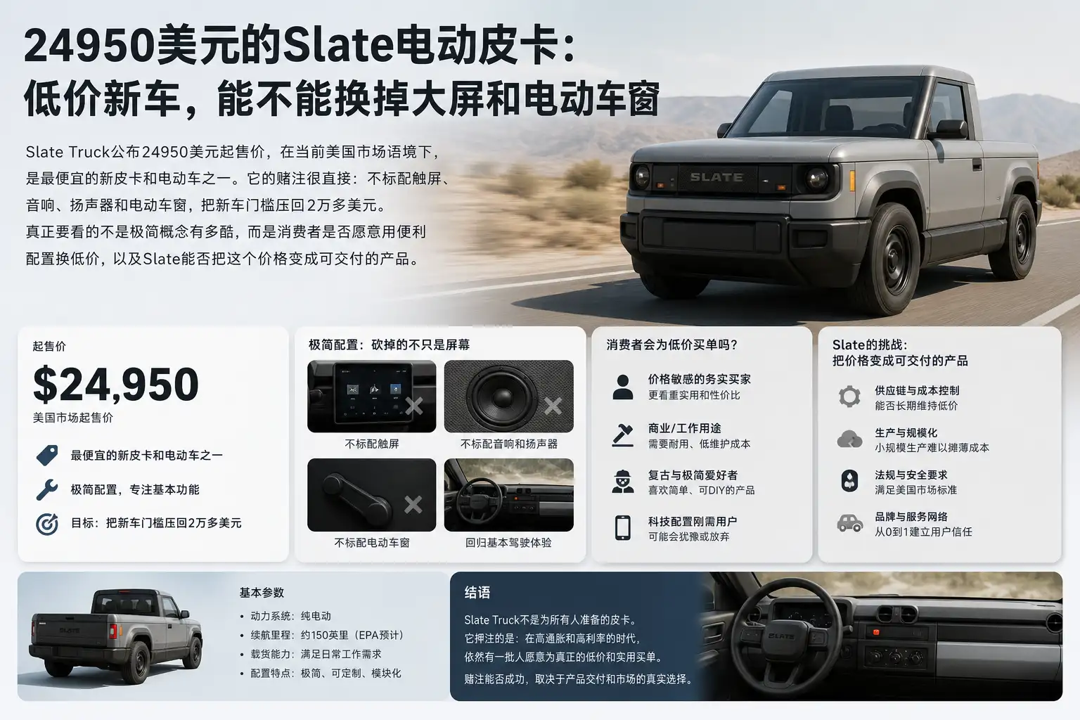 24950美元的Slate电动皮卡:低价新车,能不能换掉大屏和电动车窗