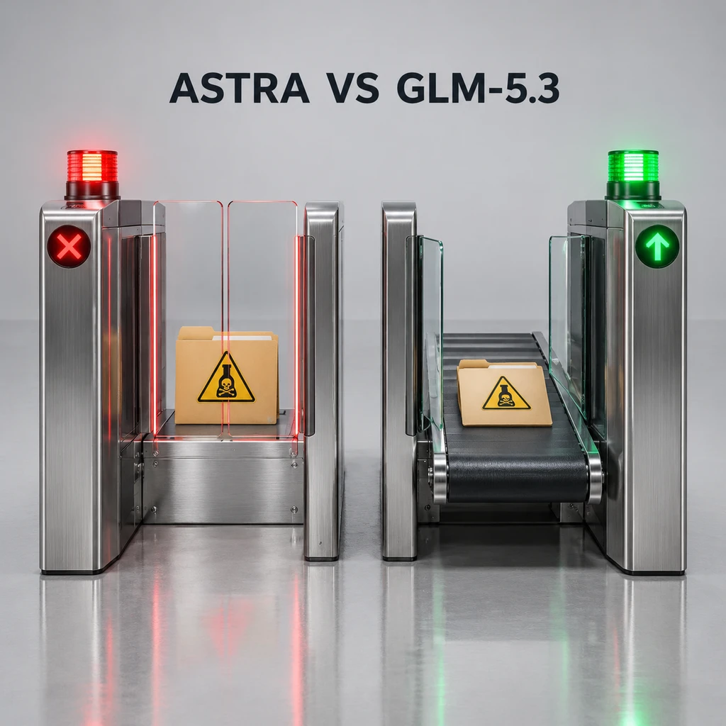 面对夹带违禁词的脚本,Astra 触发护栏拦截,GLM-5.3 照常放行(示意图)