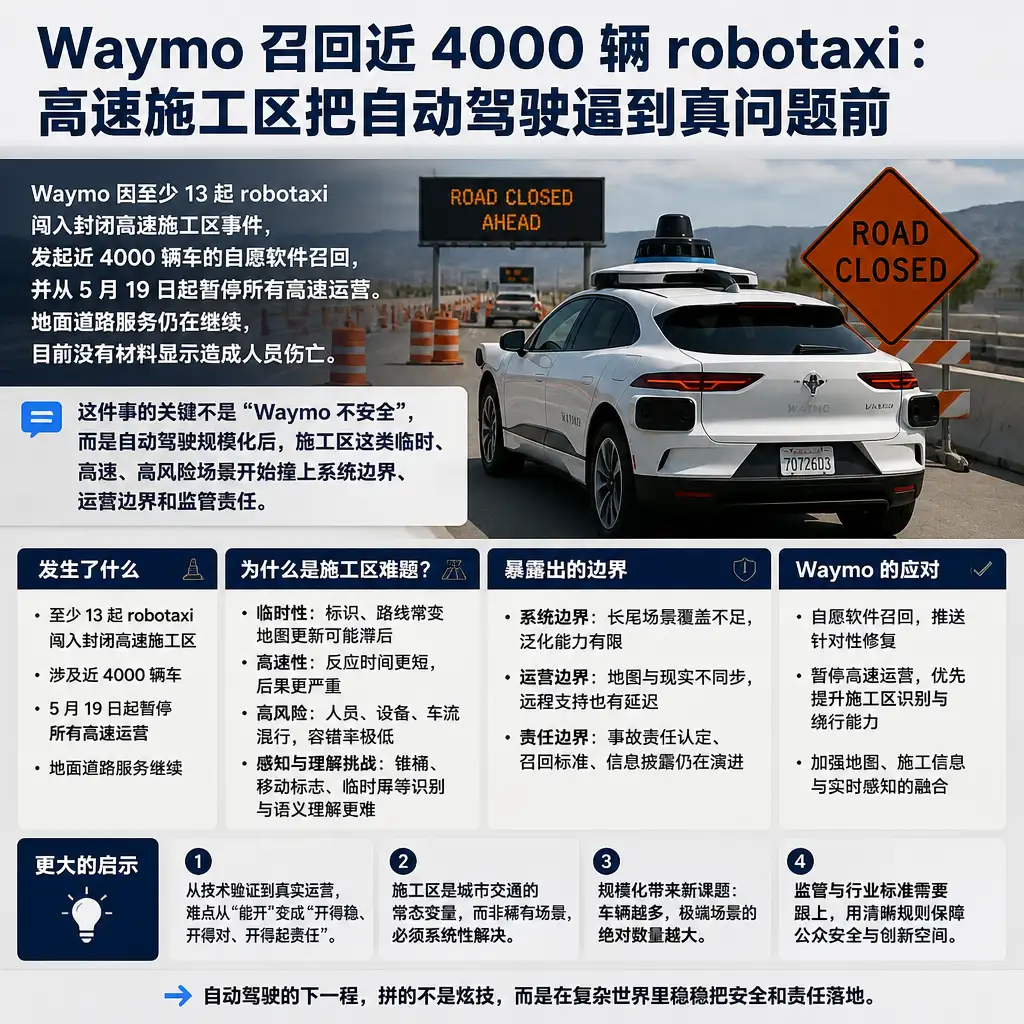 Waymo 召回近 4000 辆 robotaxi：高速施工区把自动驾驶逼到真问题前