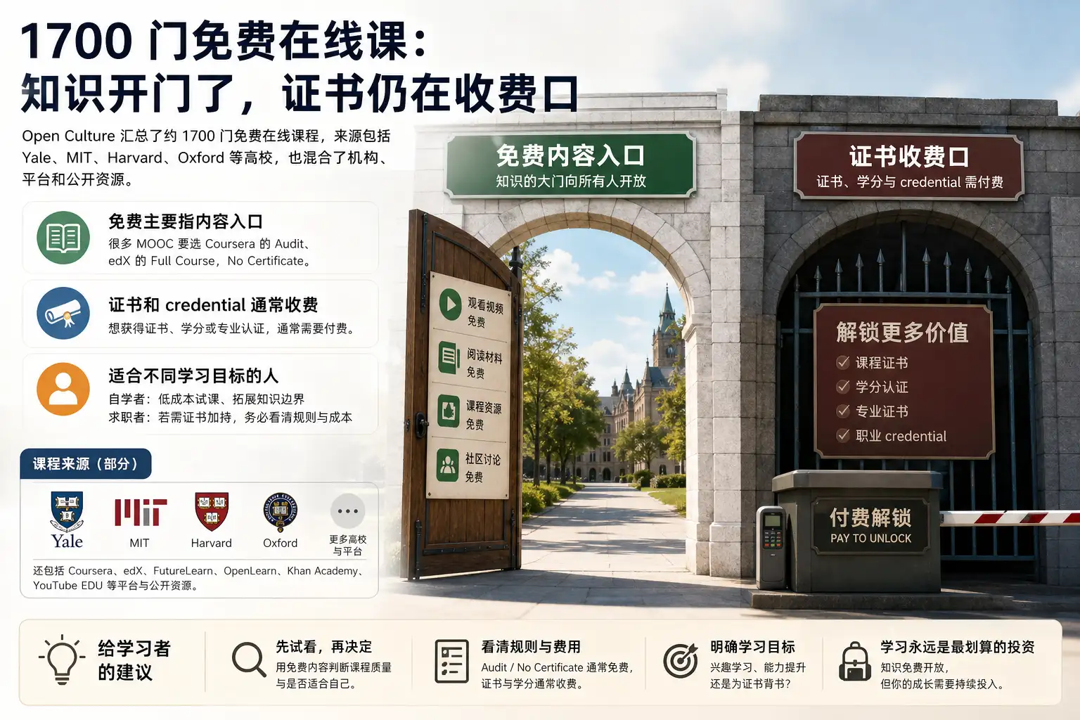 1700 门免费在线课：知识开门了，证书仍在收费口