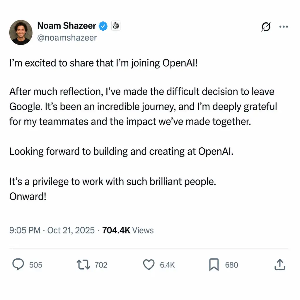 Noam Shazeer 确认加入 OpenAI:别急着脑补职位,先看人才信号