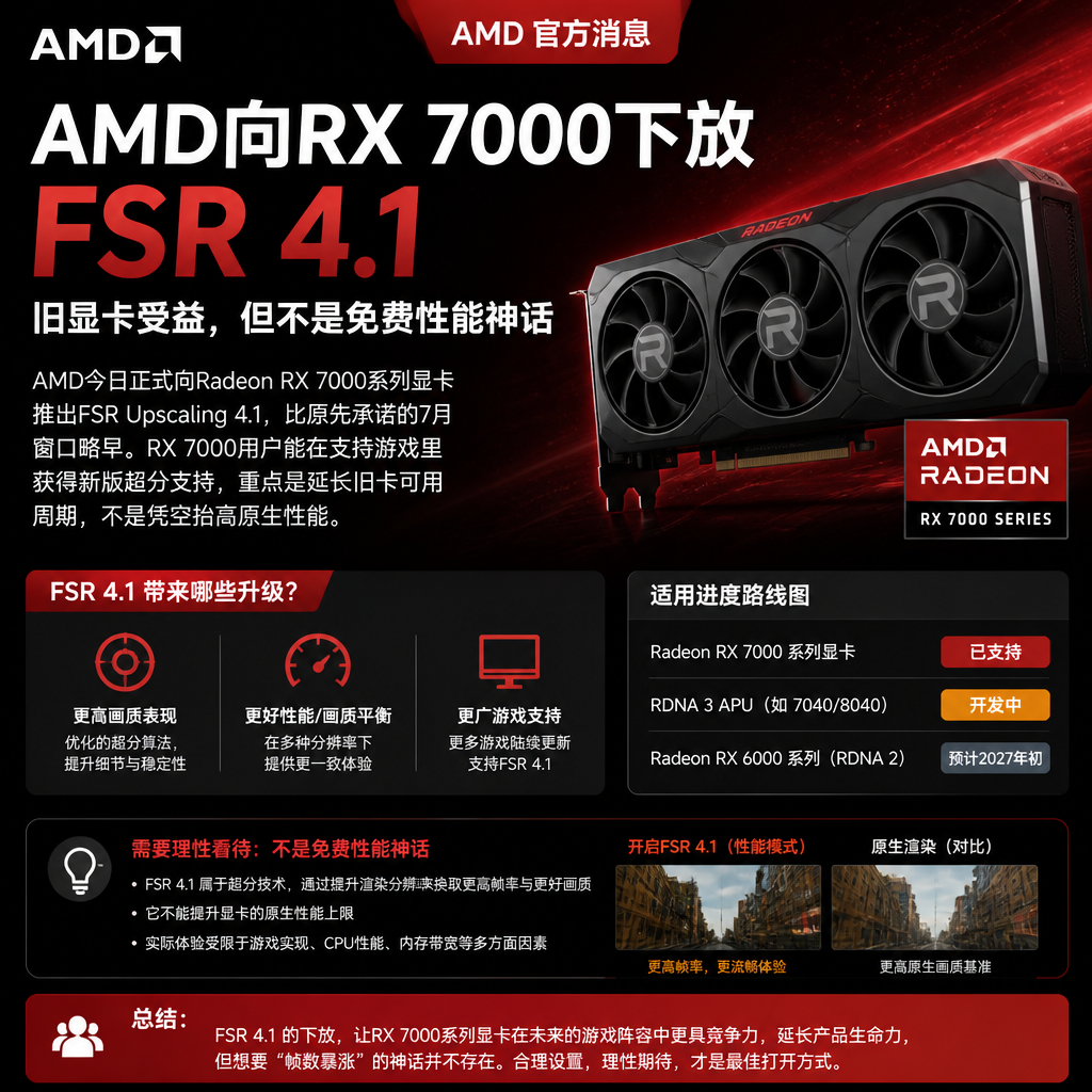 AMD向RX 7000下放FSR 4.1：旧显卡受益，但不是免费性能神话