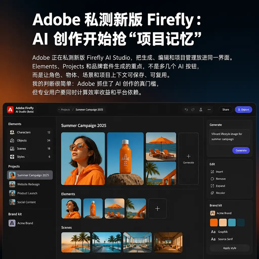 Adobe 私测新版 Firefly:AI 创作开始抢“项目记忆”
