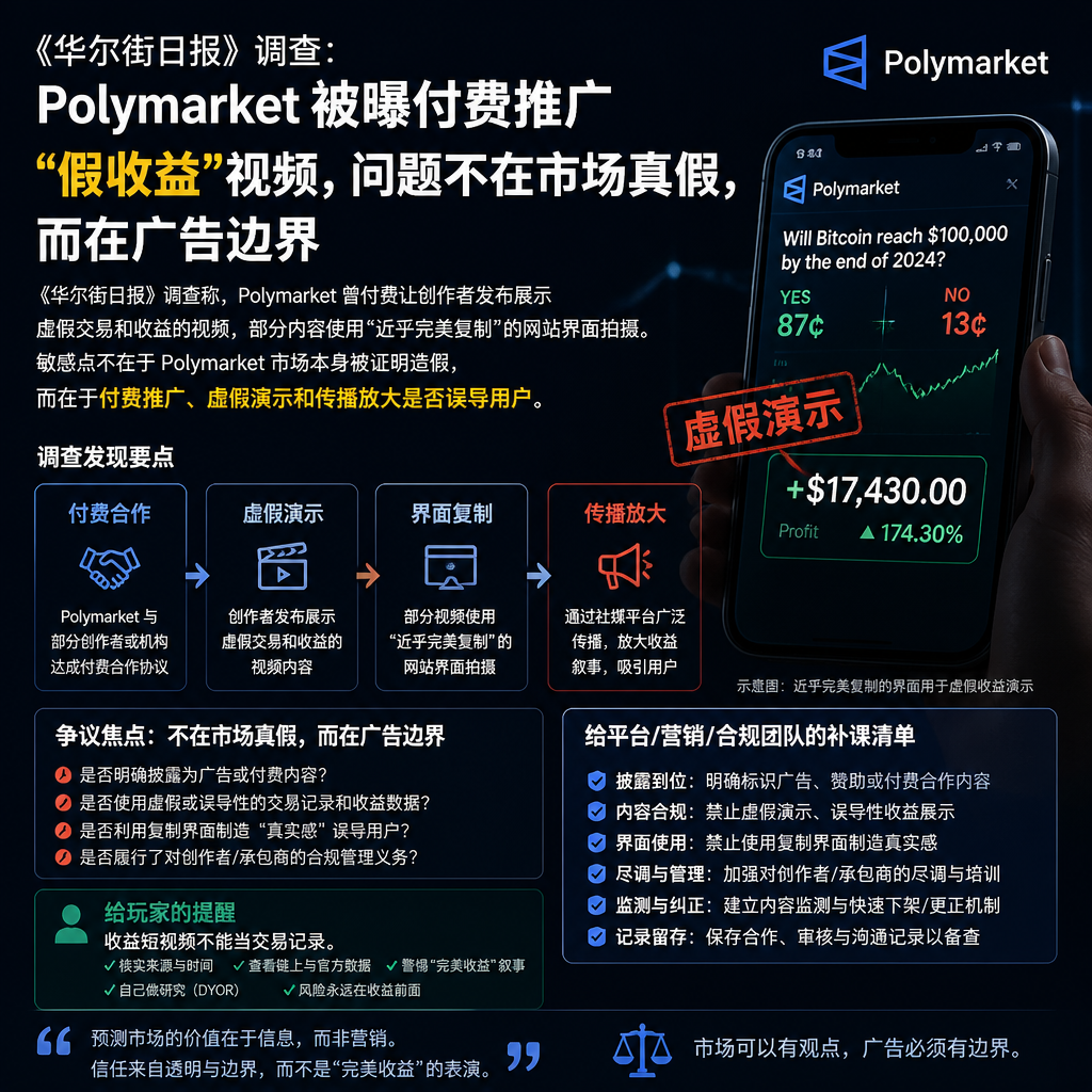 Polymarket 被曝付费推广“假收益”视频,问题不在市场真假,而在广告边界