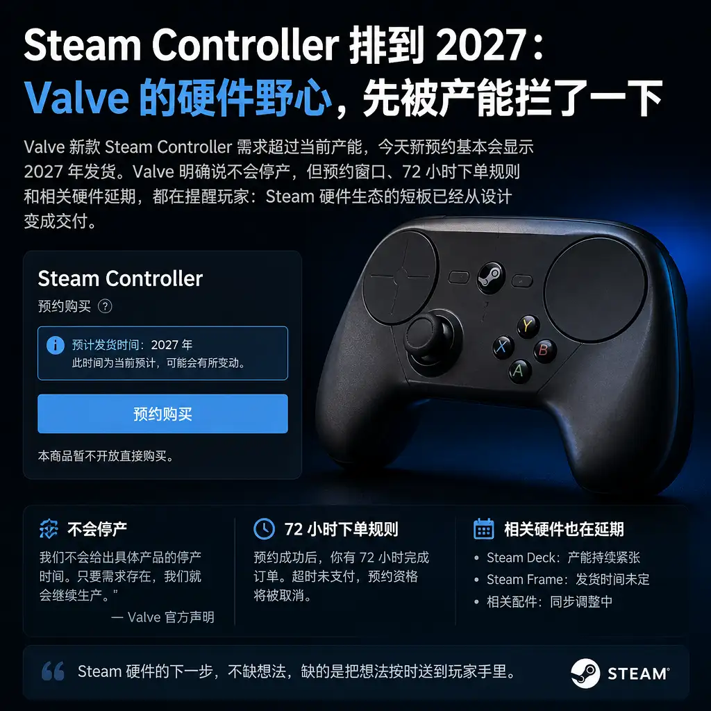 Steam Controller 排到 2027：Valve 的硬件野心，先被产能拦了一下