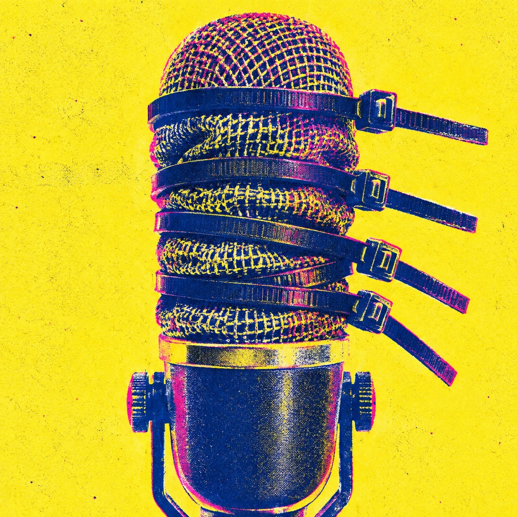 缠绕着工业扎带的演讲麦克风，隐喻平台对批判声音的静音封锁(示意图)