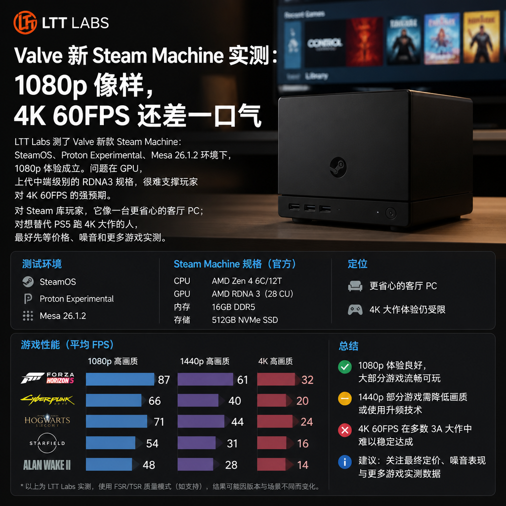 Valve 新 Steam Machine 实测：1080p 像样，4K 60FPS 还差一口气
