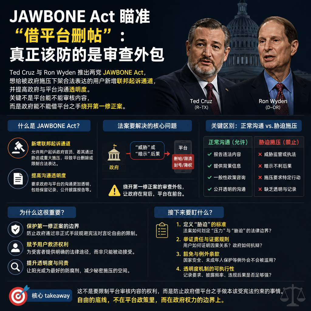 JAWBONE Act瞄准政府“借平台删帖”：真正该防的是审查外包