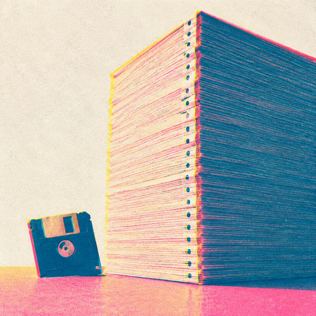 极简系统软盘与巨厚工程纸叠的悬殊体量对比(示意图)