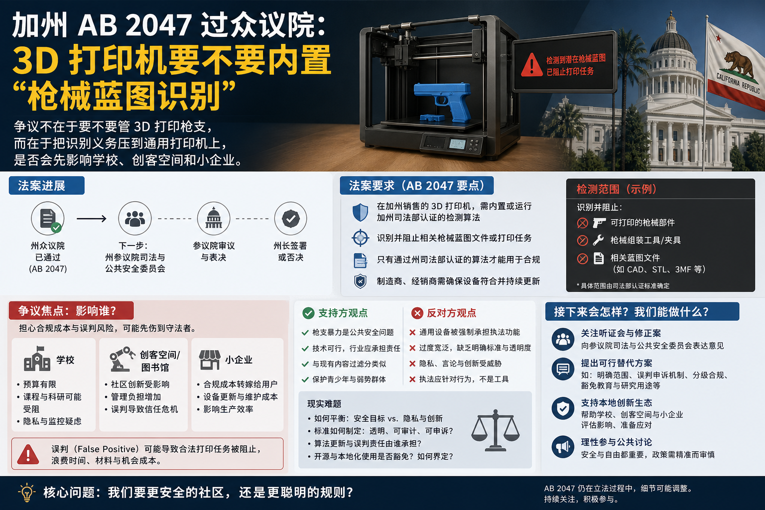 加州 AB 2047 过众议院：3D 打印机要不要内置“枪械蓝图识别”