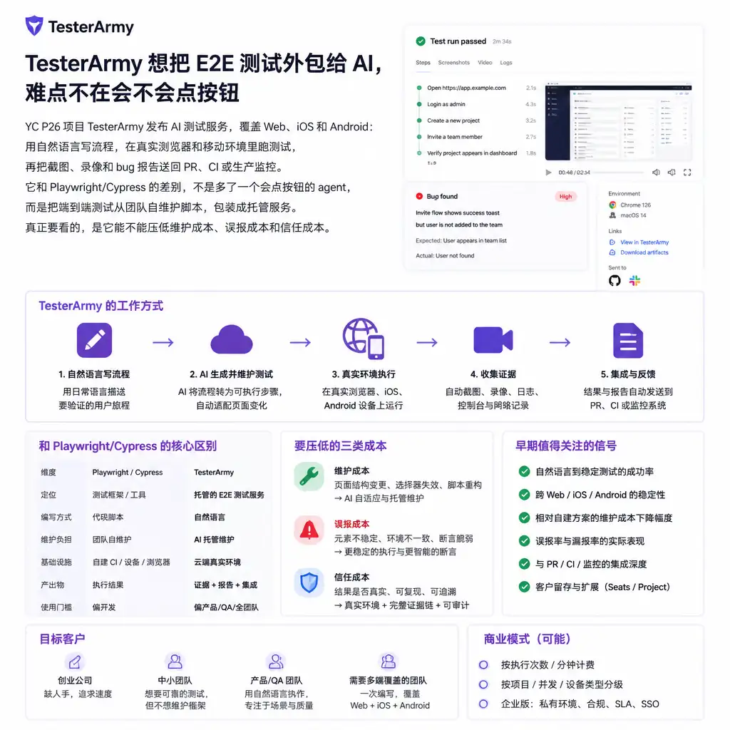 TesterArmy 想把 E2E 测试外包给 AI，难点不在会不会点按钮