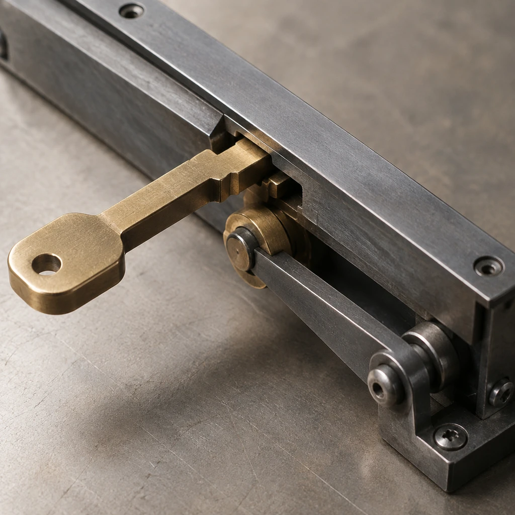 短构件因局部轮廓吻合,误卡入长轨道引发非预期连锁动作(示意图)