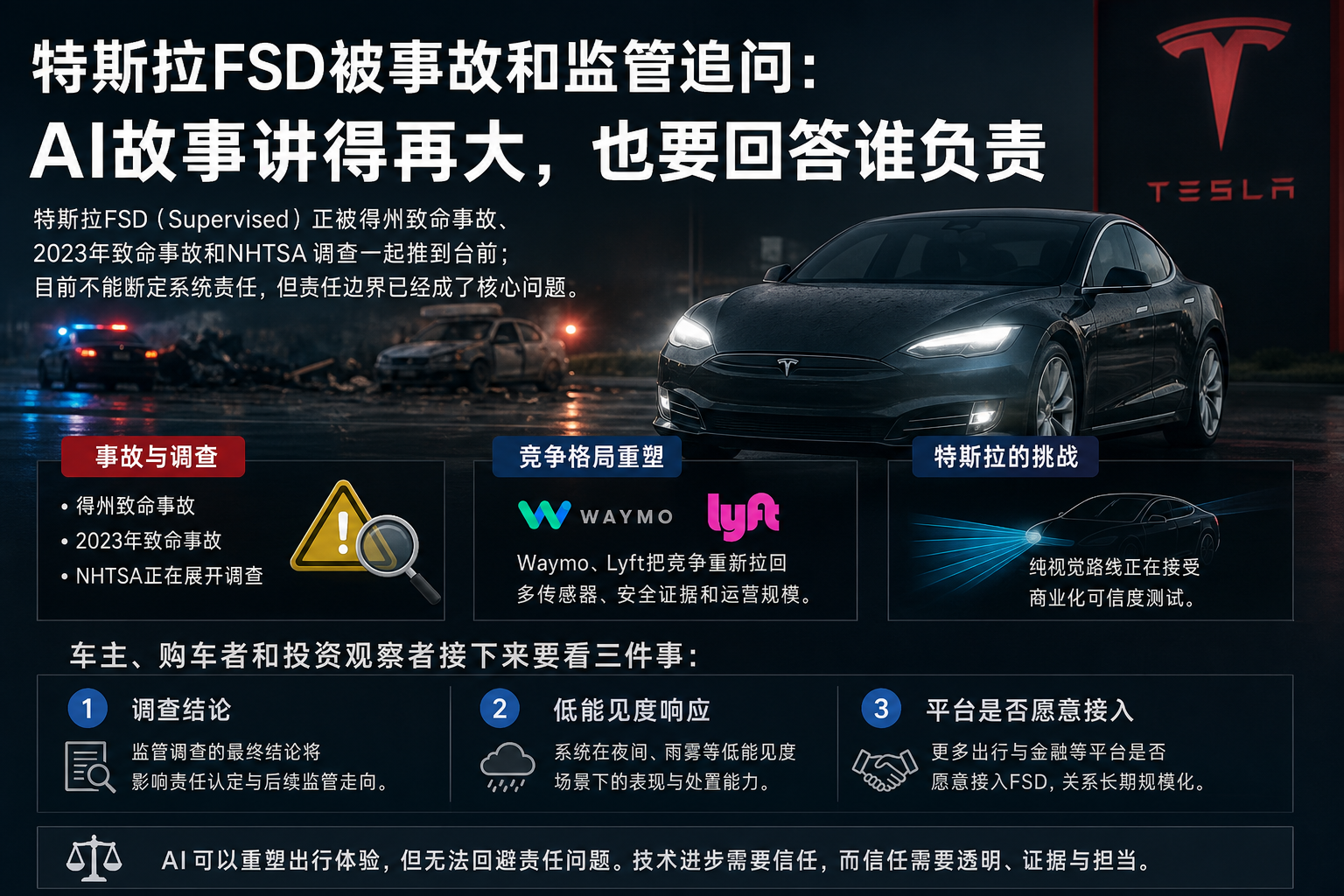 特斯拉FSD被事故和监管追问：AI故事讲得再大，也要回答谁负责
