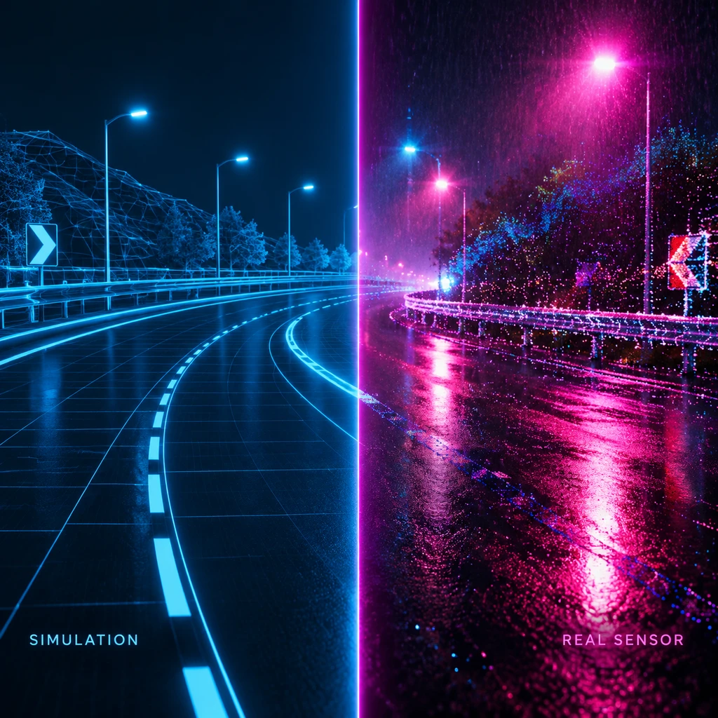 算法模拟的纯净路况与车载传感器采集的真实雨雾杂讯形成落差
