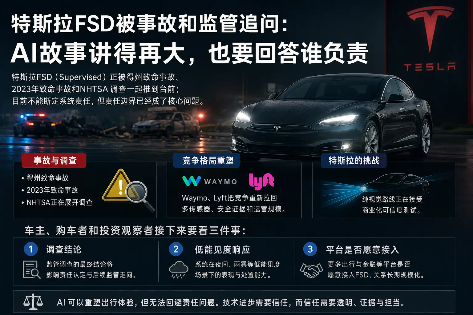 特斯拉FSD被事故和监管追问：AI故事讲得再大，也要回答谁负责