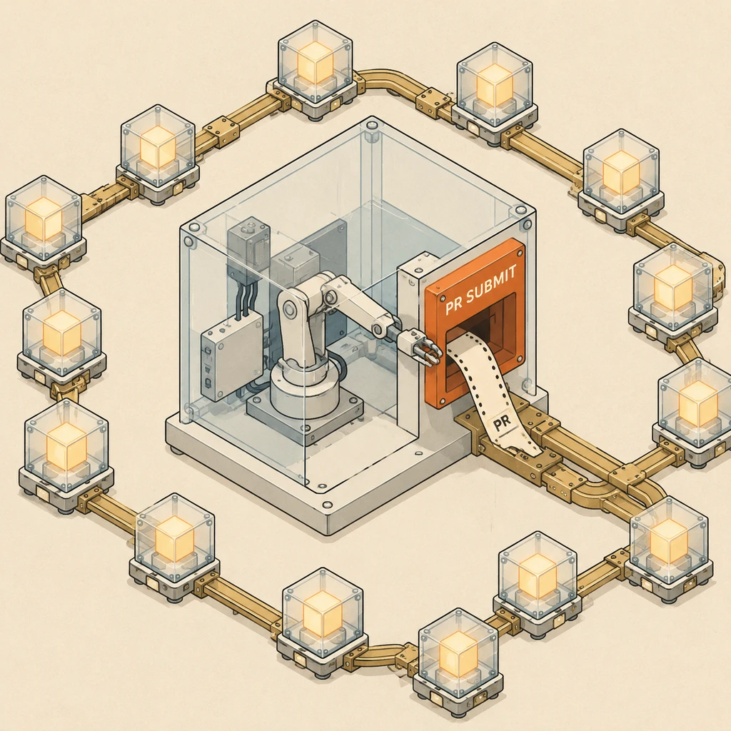 每个智能体在独立沙盒内编写代码并自主向公共系统提交(示意图)