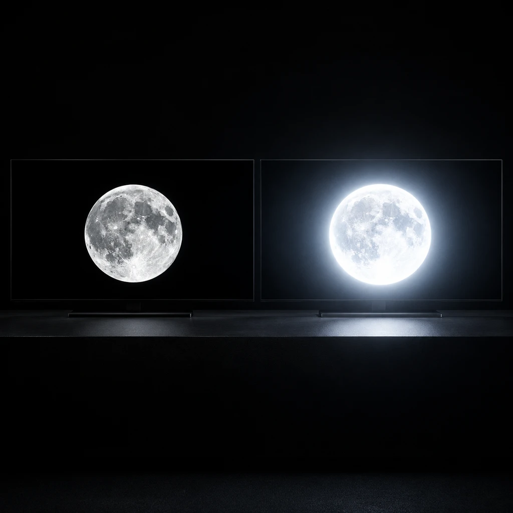 暗室严苛测试下,自发光纯黑与高亮光晕对比鲜明