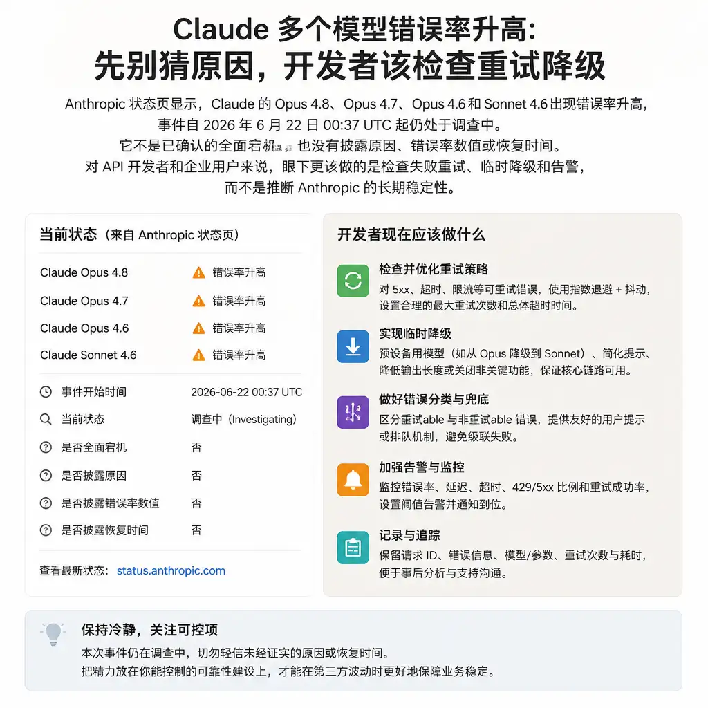Claude 多个模型错误率升高:先别猜原因,开发者该检查重试和降级