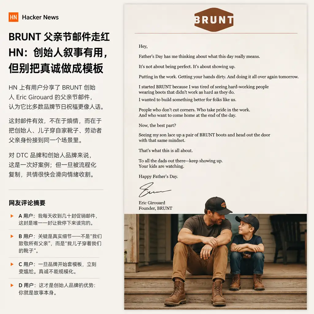 BRUNT 父亲节邮件走红 HN:创始人叙事有用,但别把真诚做成模板