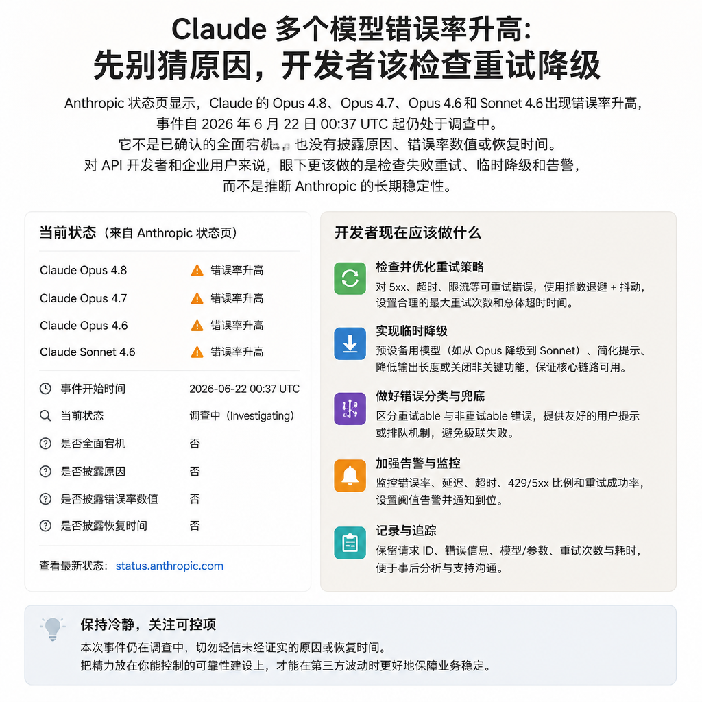 Claude 多个模型错误率升高：先别猜原因，开发者该检查重试和降级