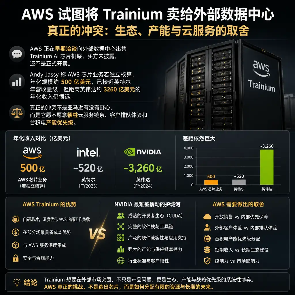 AWS想把Trainium卖给外部数据中心,但英伟达最难撬的是生态和产能