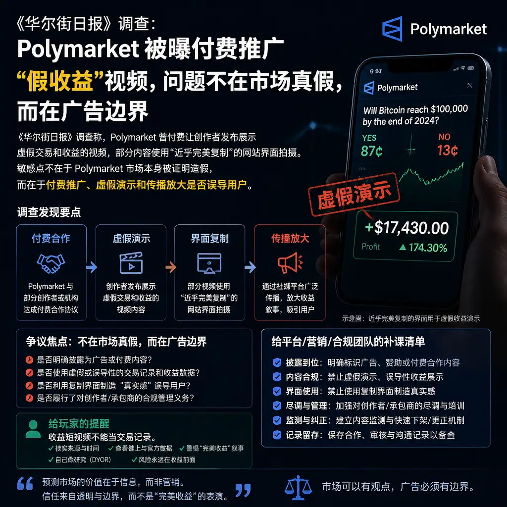 Polymarket 被曝付费推广“假收益”视频,问题不在市场真假,而在广告边界