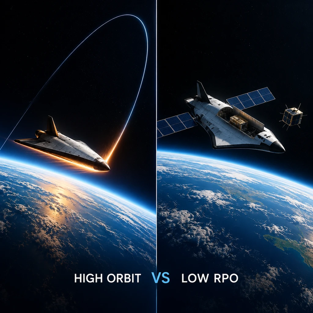 外观相似但路线迥异:高轨大气制动与低轨抵近捕获的技术分野(示意图)