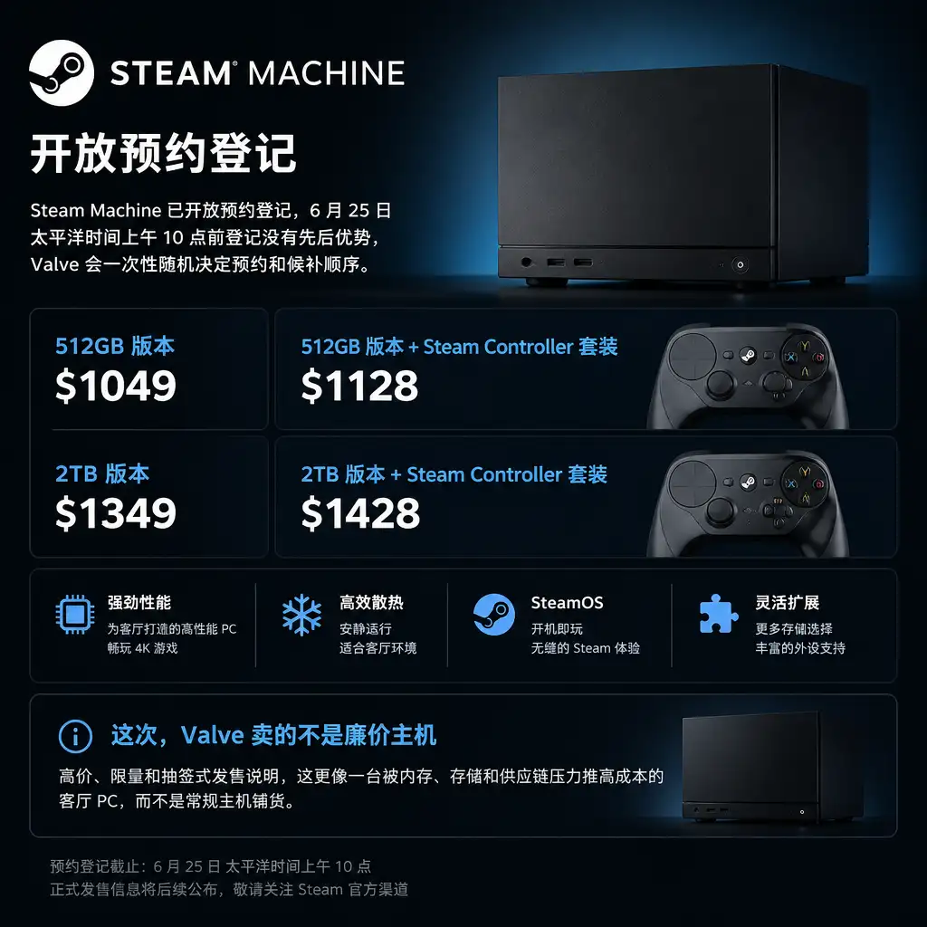 Steam Machine 开放预约:1049 美元起,Valve 这次卖的不是廉价主机