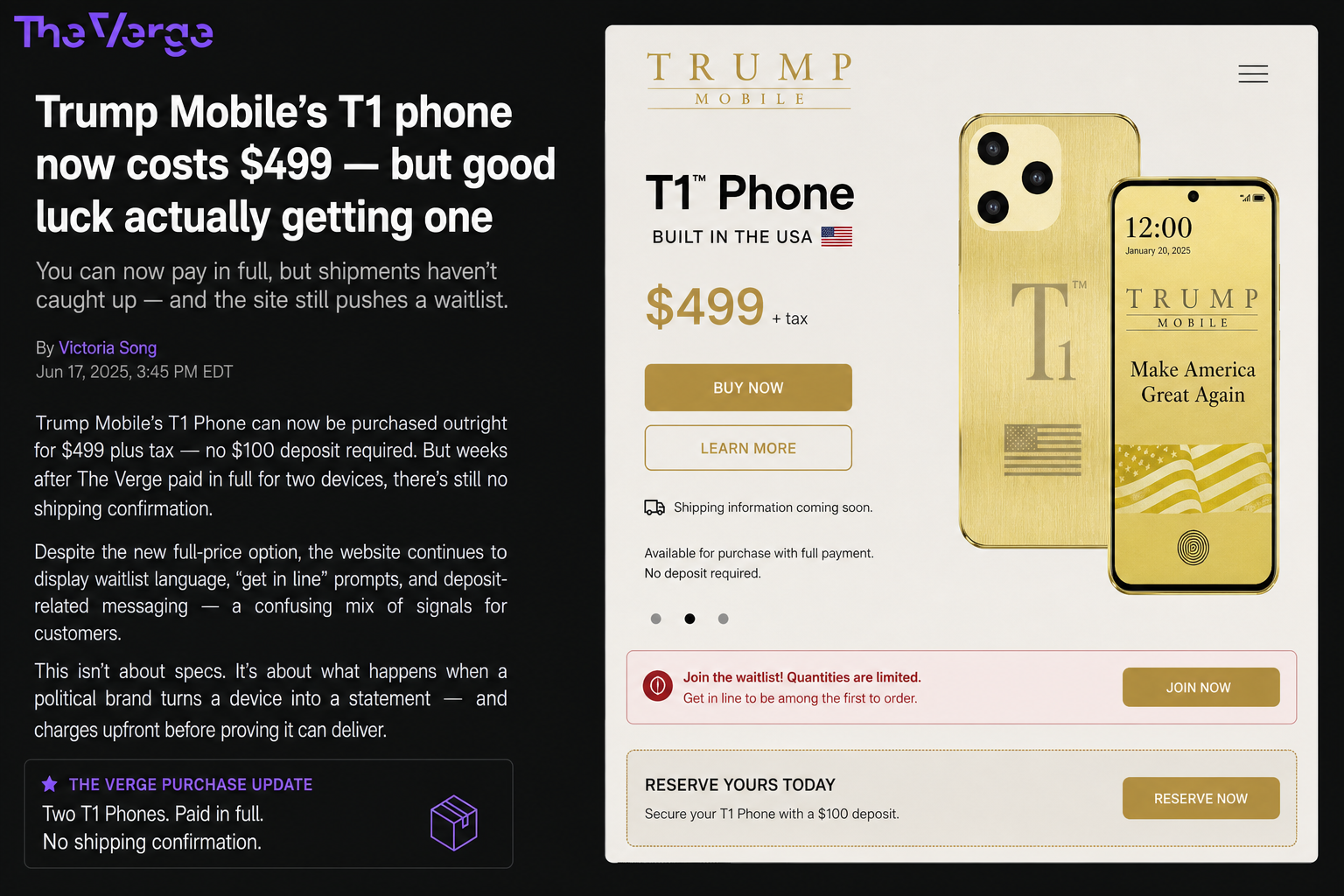 Trump Mobile T1 开放499美元全款购买，但交付还没跟上