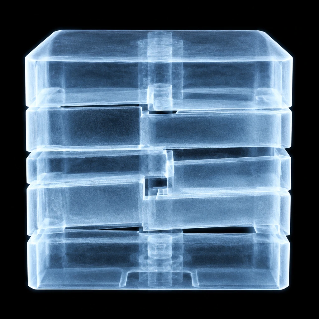 平整的外部轮廓掩盖了内部结构错位,正如脱标点抹平了排版损耗(示意图)