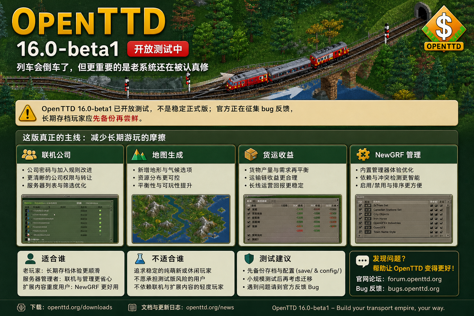 OpenTTD 16.0 beta：列车会倒车了，但更重要的是老系统还在被认真修