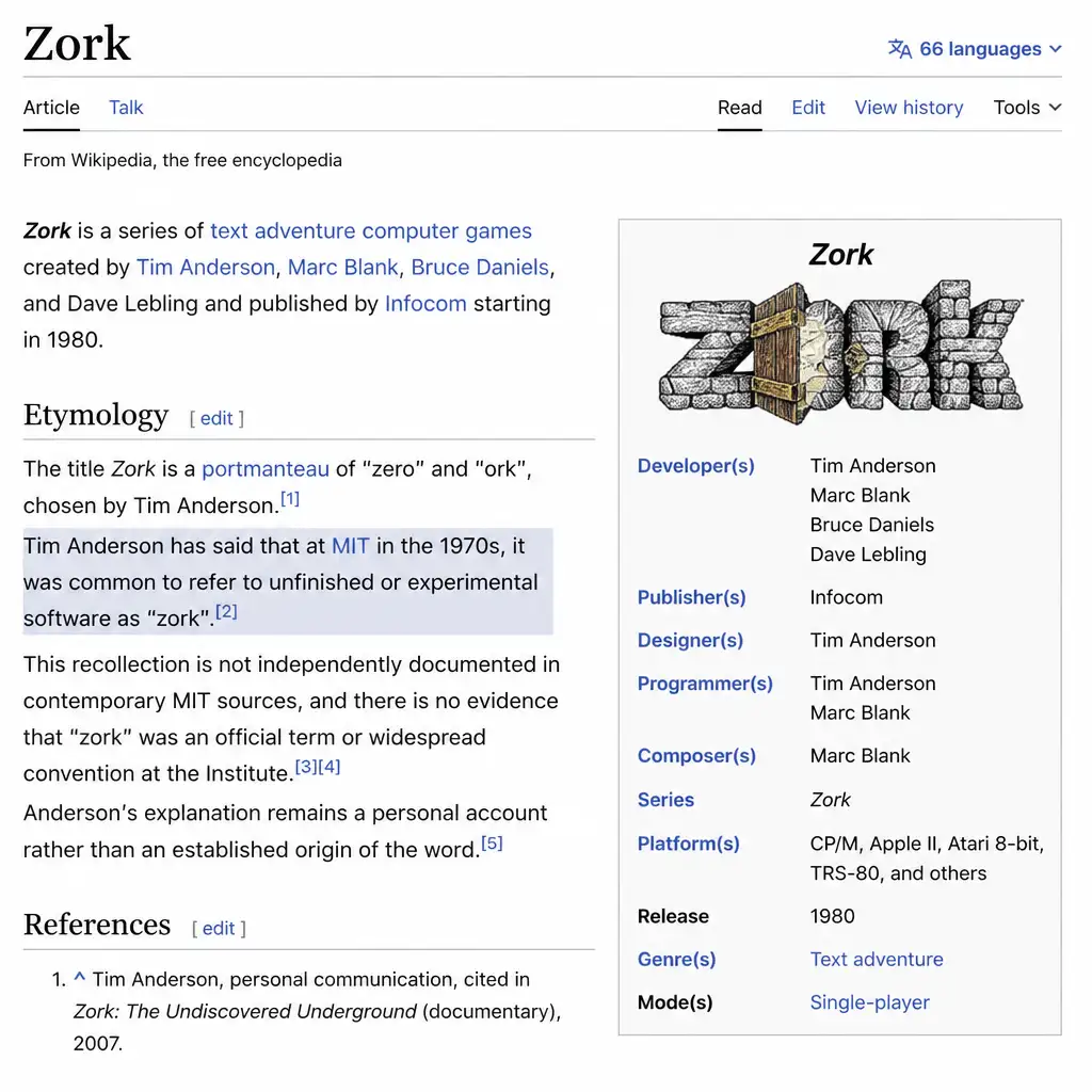 《Zork》名字来源改写维基:那个“MIT 术语”说法该降一档了
