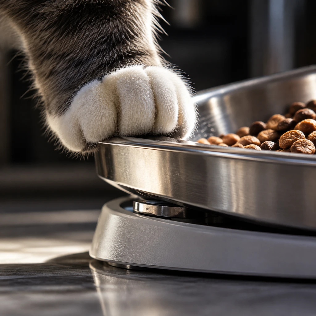 猫爪压在食盆边缘借力进食,称重传感器当场失真