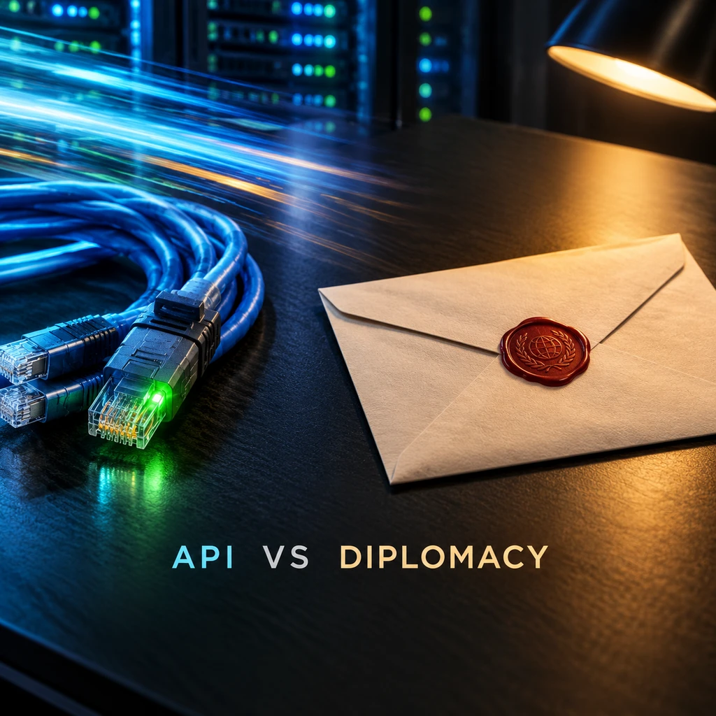 毫秒级网络接口与传统外交公函并置,折射协同鸿沟(示意图)
