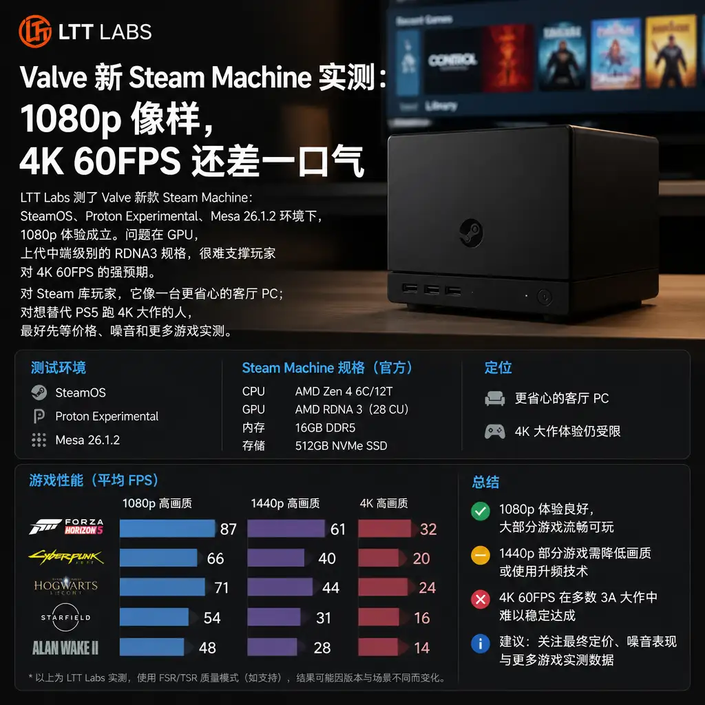 Valve 新 Steam Machine 实测:1080p 像样,4K 60FPS 还差一口气