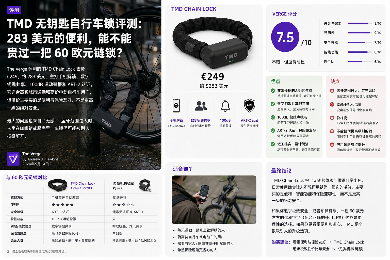 TMD 无钥匙自行车锁评测：283 美元的便利，能不能贵过一把 60 欧元链锁？