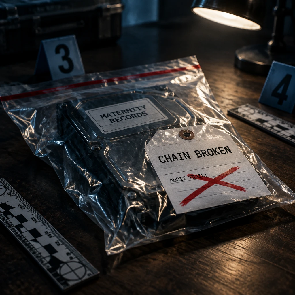 代号珀斯行动的警方物证袋上，调阅链连续性已被标记断裂(示意图)