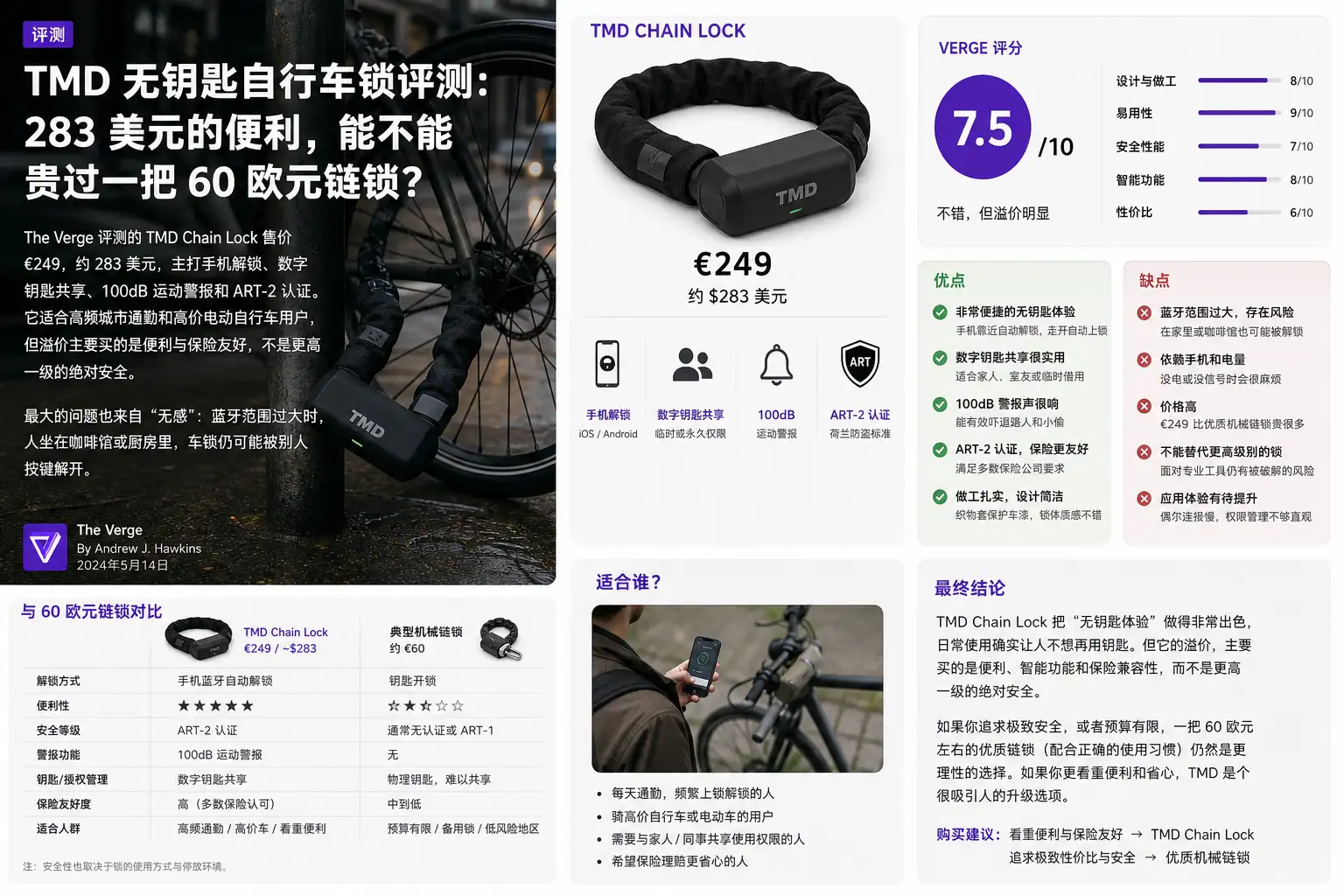 TMD 无钥匙自行车锁评测:283 美元的便利,能不能贵过一把 60 欧元链锁?