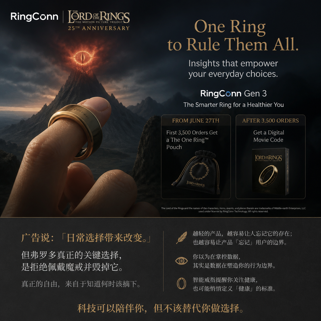 RingConn 用《指环王》卖智能戒指，反讽在于它希望你别摘