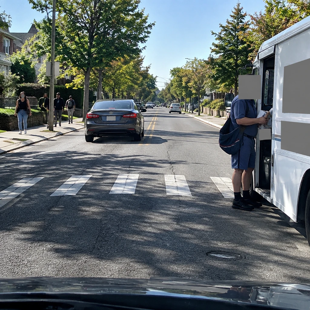 车载采集画面中的街道抓拍与遮挡对比:画面右侧的邮递员身形与车身标志被覆盖上不透明的中性灰色数字遮挡色块