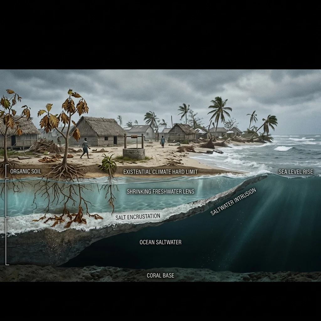 海平面上升与越浪下渗导致地下淡水透镜体萎缩，地表农作物枯死(剖面示意)