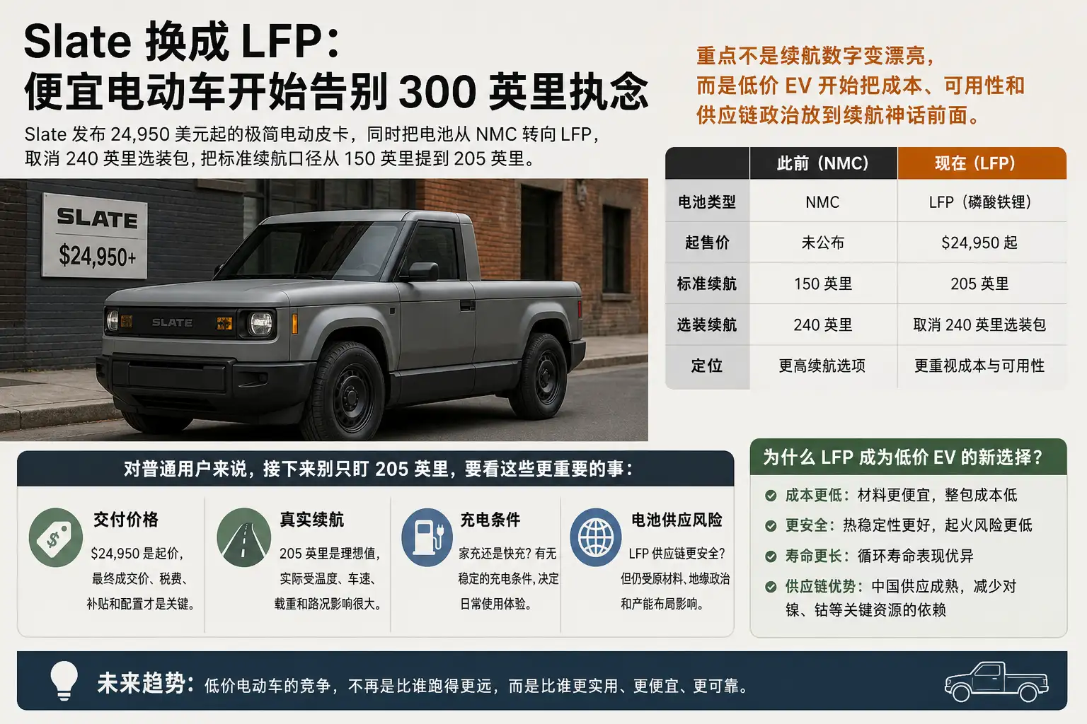 Slate 换成 LFP:便宜电动车开始告别 300 英里执念