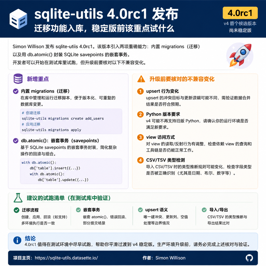 sqlite-utils 4.0rc1 发布：迁移功能入库，稳定版前该重点试什么
