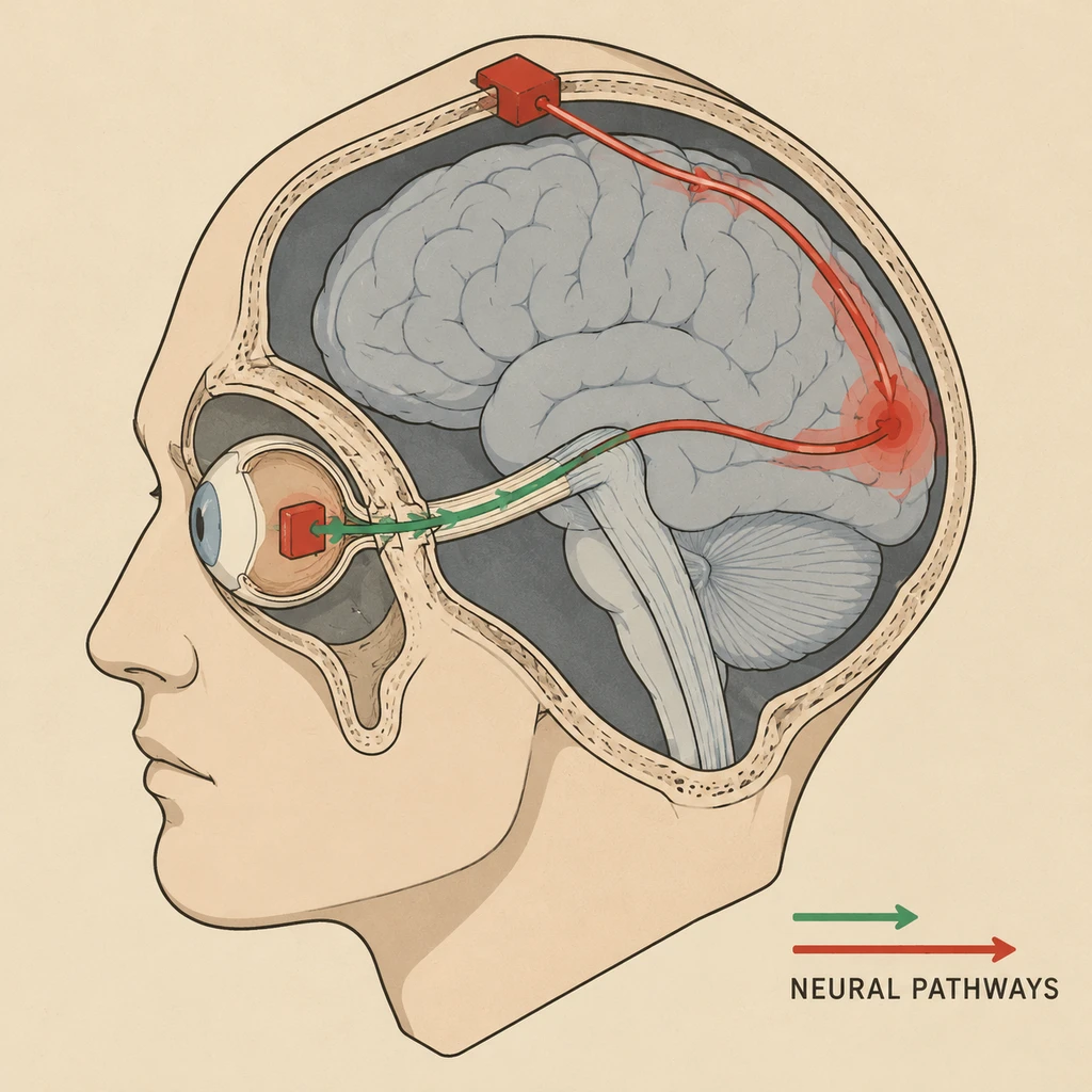 芯片绕开颅骨直连视神经,与 Neuralink 侵入枕叶皮层截然不同(剖面示意)