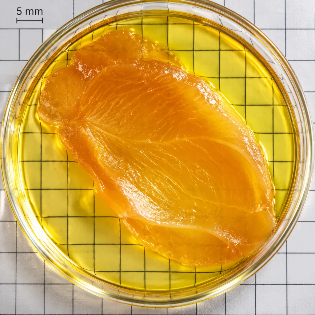 浸润六小时后鸡胸肉呈现半透明质感,下方垫着的网格线清晰可见
