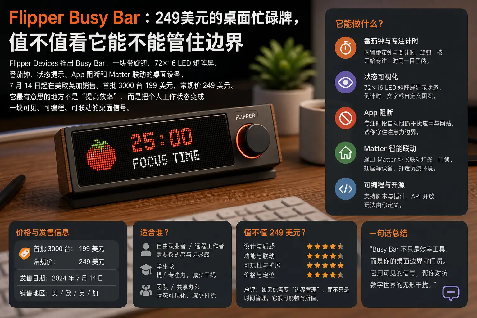 Flipper Busy Bar：249美元的桌面忙碌牌，值不值看它能不能管住边界