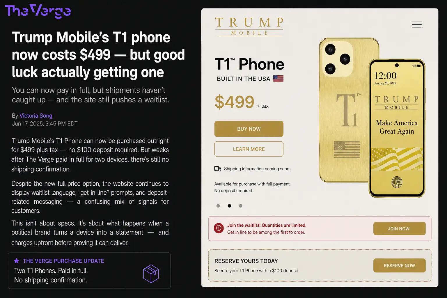 Trump Mobile T1 开放499美元全款购买，但交付还没跟上