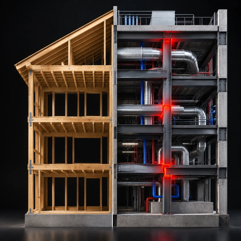 历史图纸能应付标准木屋,却算不准大型建筑的复杂结构与管线(剖面示意)
